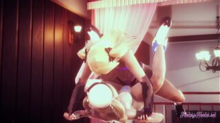 Genshin Impact Yuri Hentai Fischl Fucks Barbara with a strapon and make her squirt Japanese Asian Manga anime game Cartoon porn lesbian animation